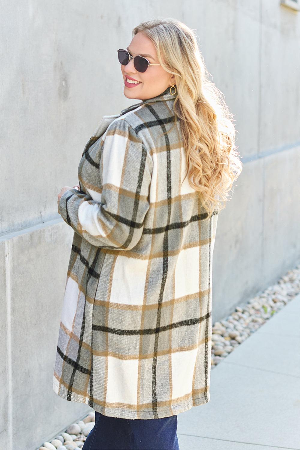 Double Take Full Size Plaid Button Up Lapel Collar Coat Carauana Store
