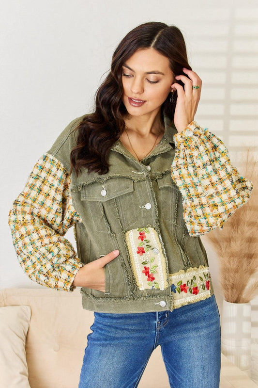 POL Embroidered Button Down Raw Hem Shacket Carauana Store