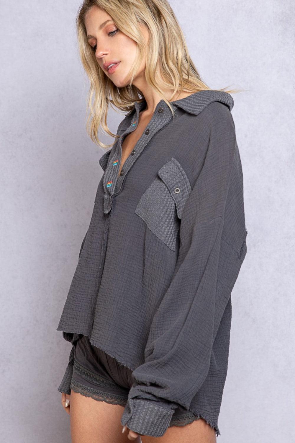 POL Texture Half Button Long Sleeve Top Carauana Store