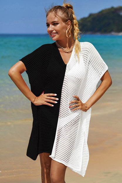 Double Take Openwork Contrast Slit Knit Cover Up Carauana Store