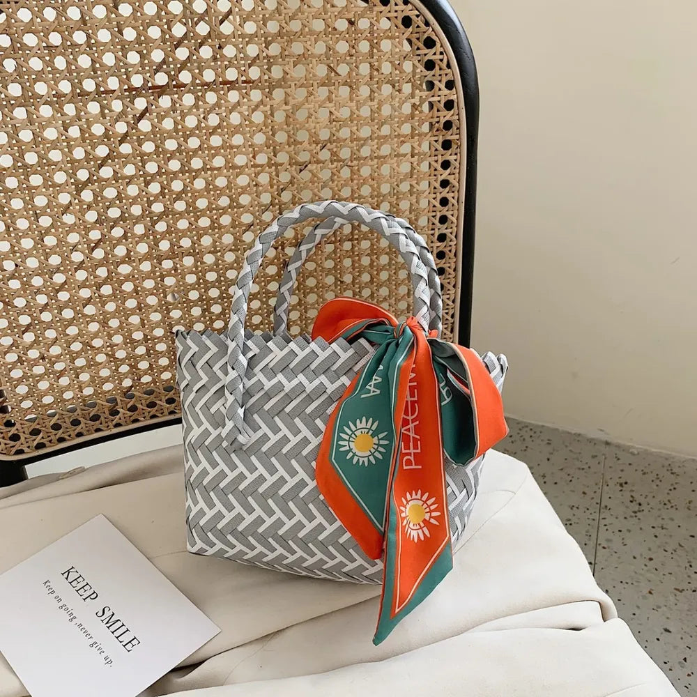 Contrast Woven Handbag with Ribbon Carauana Store
