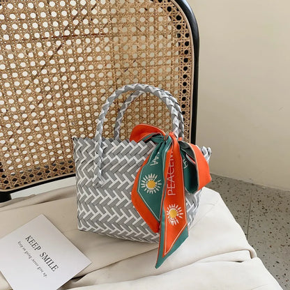 Contrast Woven Handbag with Ribbon Carauana Store