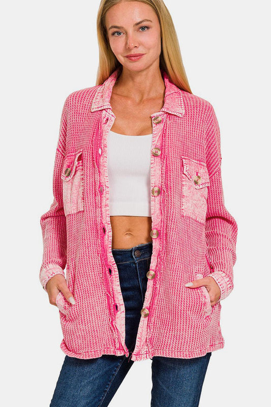 Zenana Waffle-Knit Button Up Dropped Shoulder Jacket Carauana Store