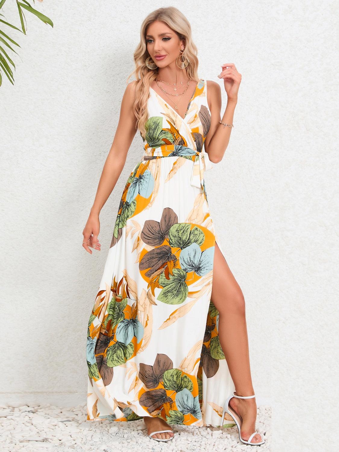 Slit Tied Printed Surplice Dress Carauana Store