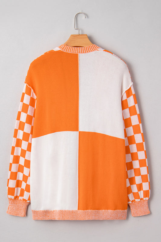 Orange Checkered Bubble Sleeve Drop Shoulder Open Cardigan