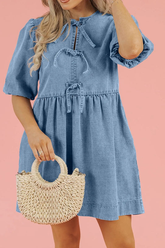 Bowknot Round Neck Half Sleeve Denim Dress Carauana Store