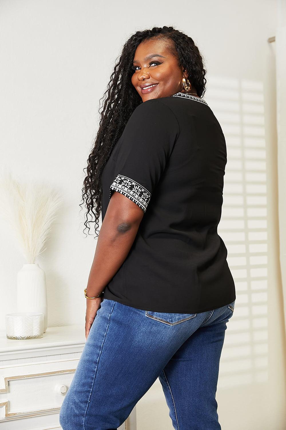 Double Take Embroidered Notched Neck Top Carauana Store