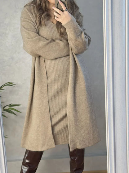V-Neck Cami Dress and Open Front Cardigan Sweater Set Carauana Store