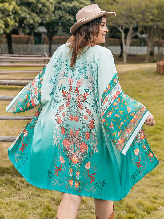 Plus Size Printed Open Front Long Sleeve Cover Up Carauana Store