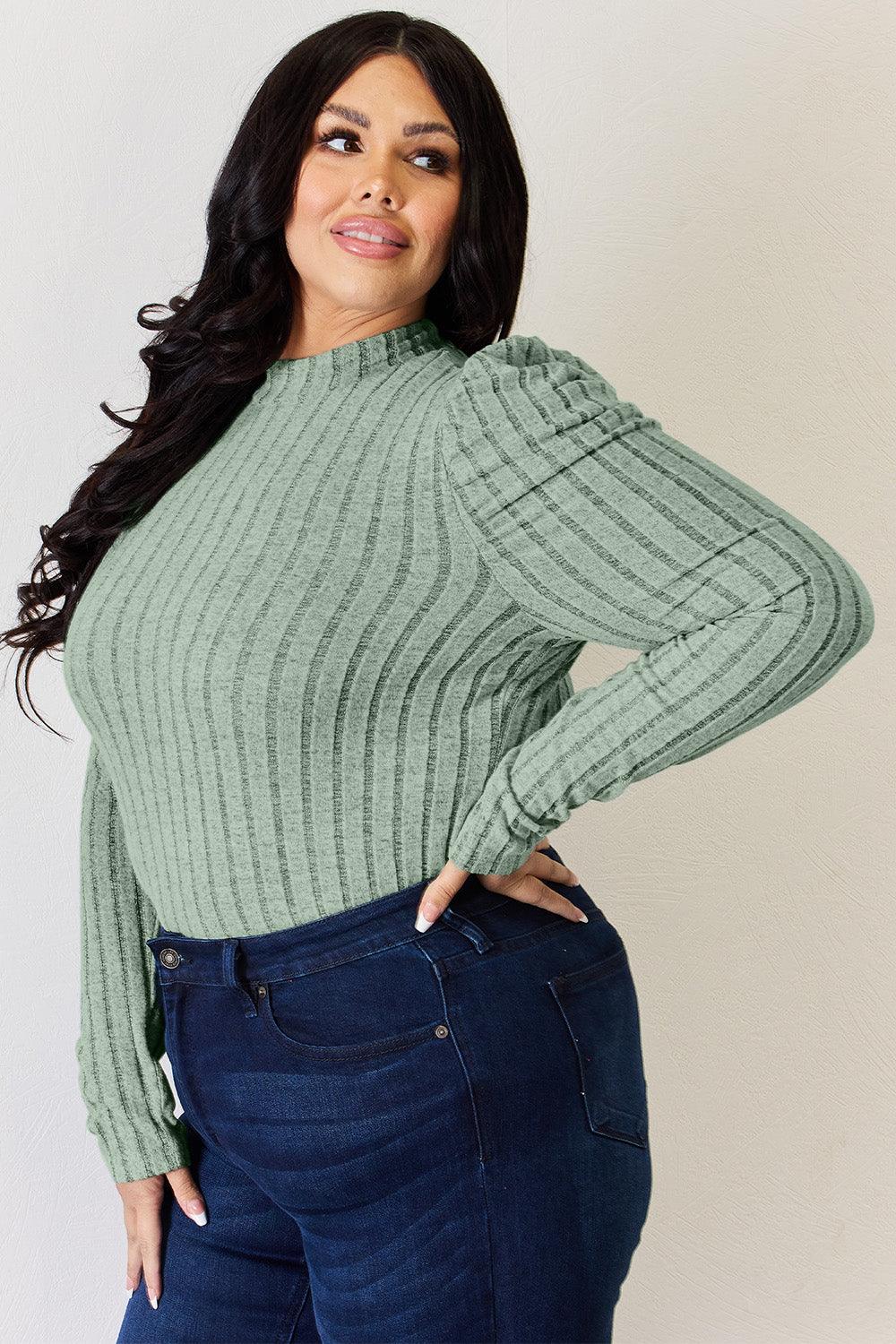Basic Bae Full Size Ribbed Mock Neck Puff Sleeve T-Shirt Carauana Store