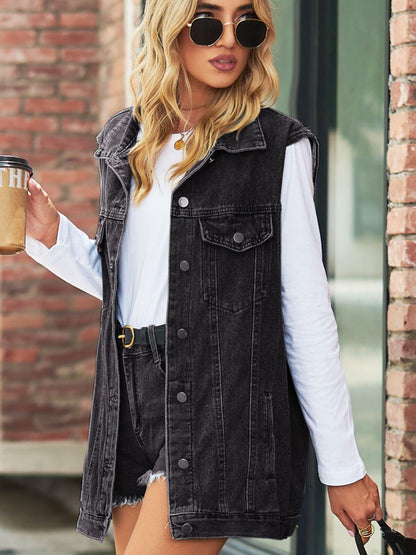 Collared Neck Sleeveless Denim Top with Pockets Carauana Store