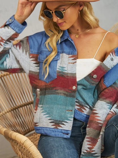Geometric Button Up Dropped Shoulder Denim Jacket Carauana Store