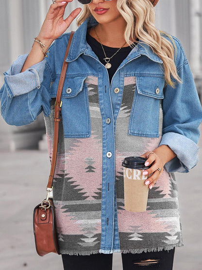 Geometric Raw Hem Button Up Denim Jacket Carauana Store