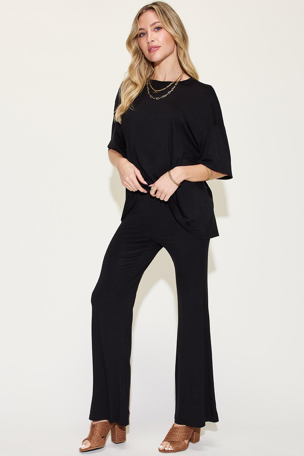 Basic Bae Full Size Bamboo Drop Shoulder T-Shirt and Flare Pants Set Carauana Store