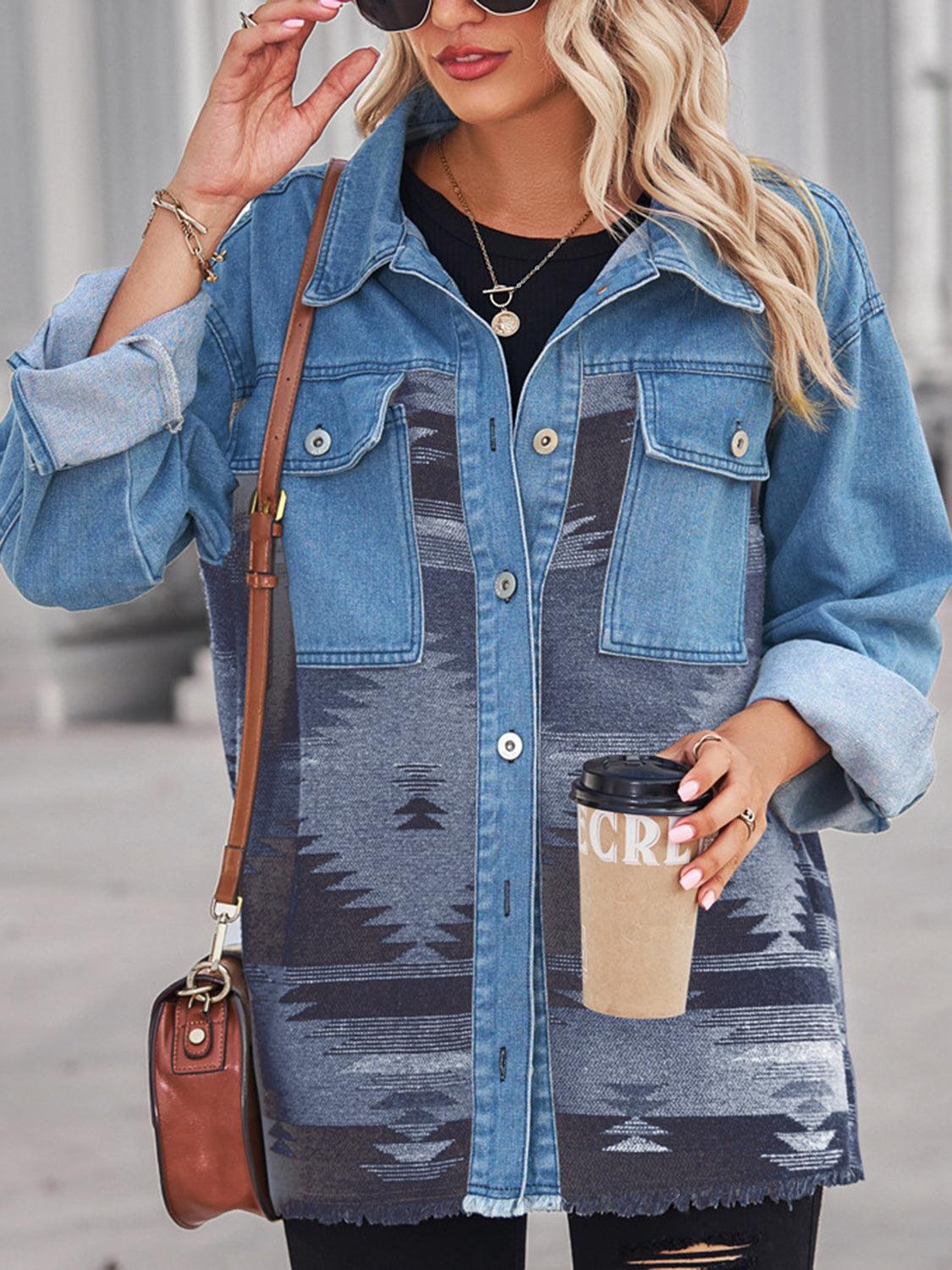 Geometric Raw Hem Button Up Denim Jacket Carauana Store
