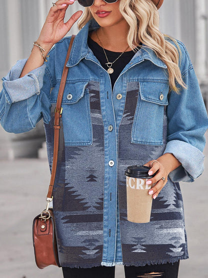 Geometric Raw Hem Button Up Denim Jacket Carauana Store