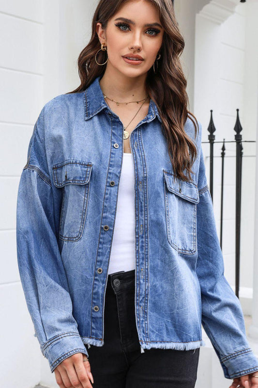 Raw Hem Pocketed Collared Neck Denim Jacket Carauana Store