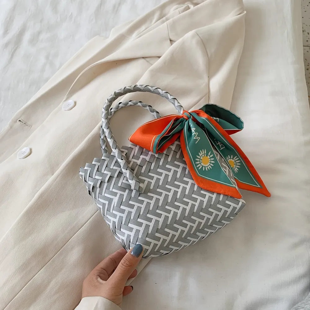 Contrast Woven Handbag with Ribbon Carauana Store