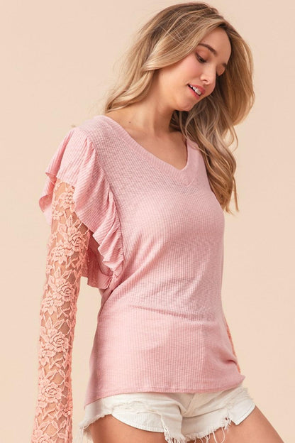 BiBi Ruffled Lace Sleeve Rib Knit Top Carauana Store