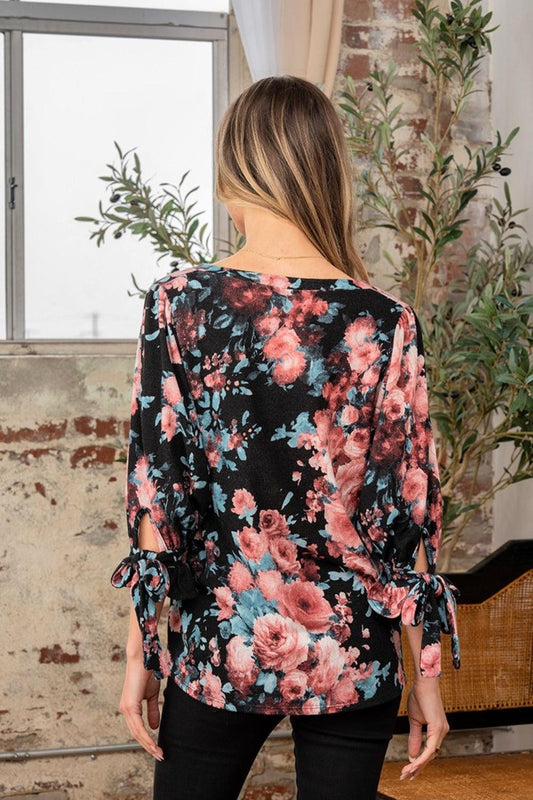 Sew In Love Full Size Floral V-Neck Top with Sleeve Knot Carauana Store