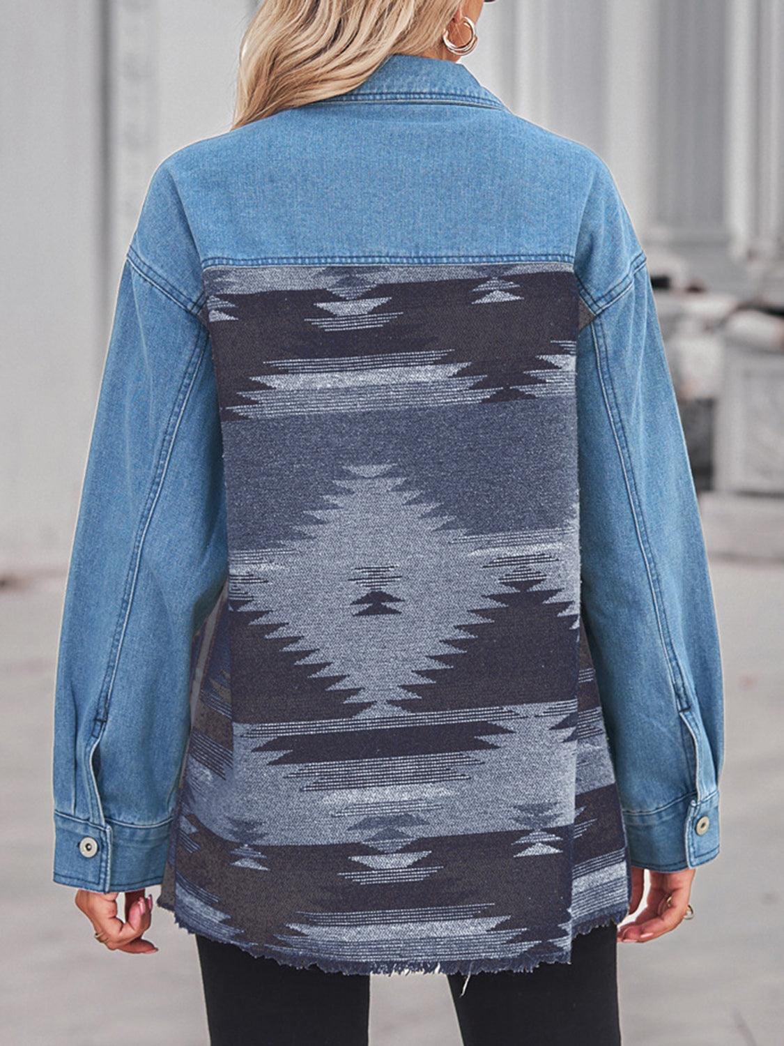Geometric Raw Hem Button Up Denim Jacket Carauana Store