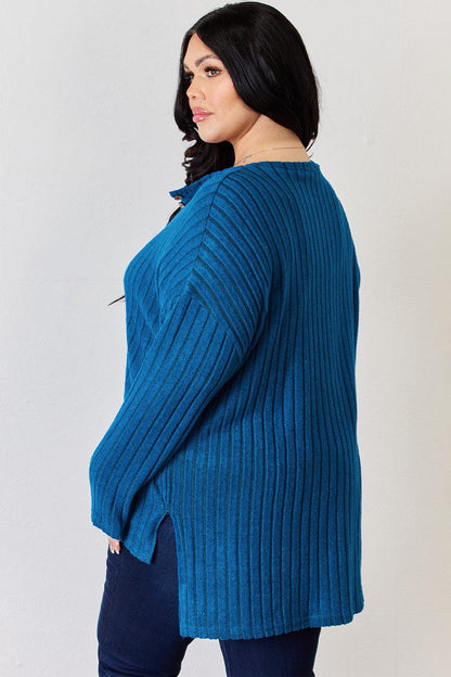 Basic Bae Full Size Ribbed Half Button Long Sleeve High-Low T-Shirt Carauana Store