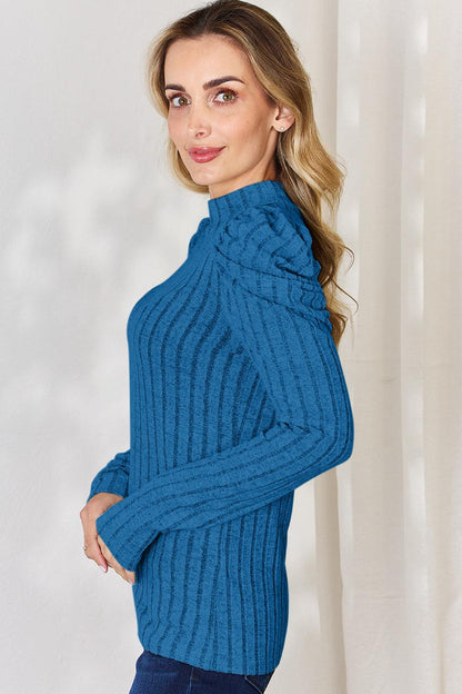 Basic Bae Full Size Ribbed Mock Neck Puff Sleeve T-Shirt Carauana Store