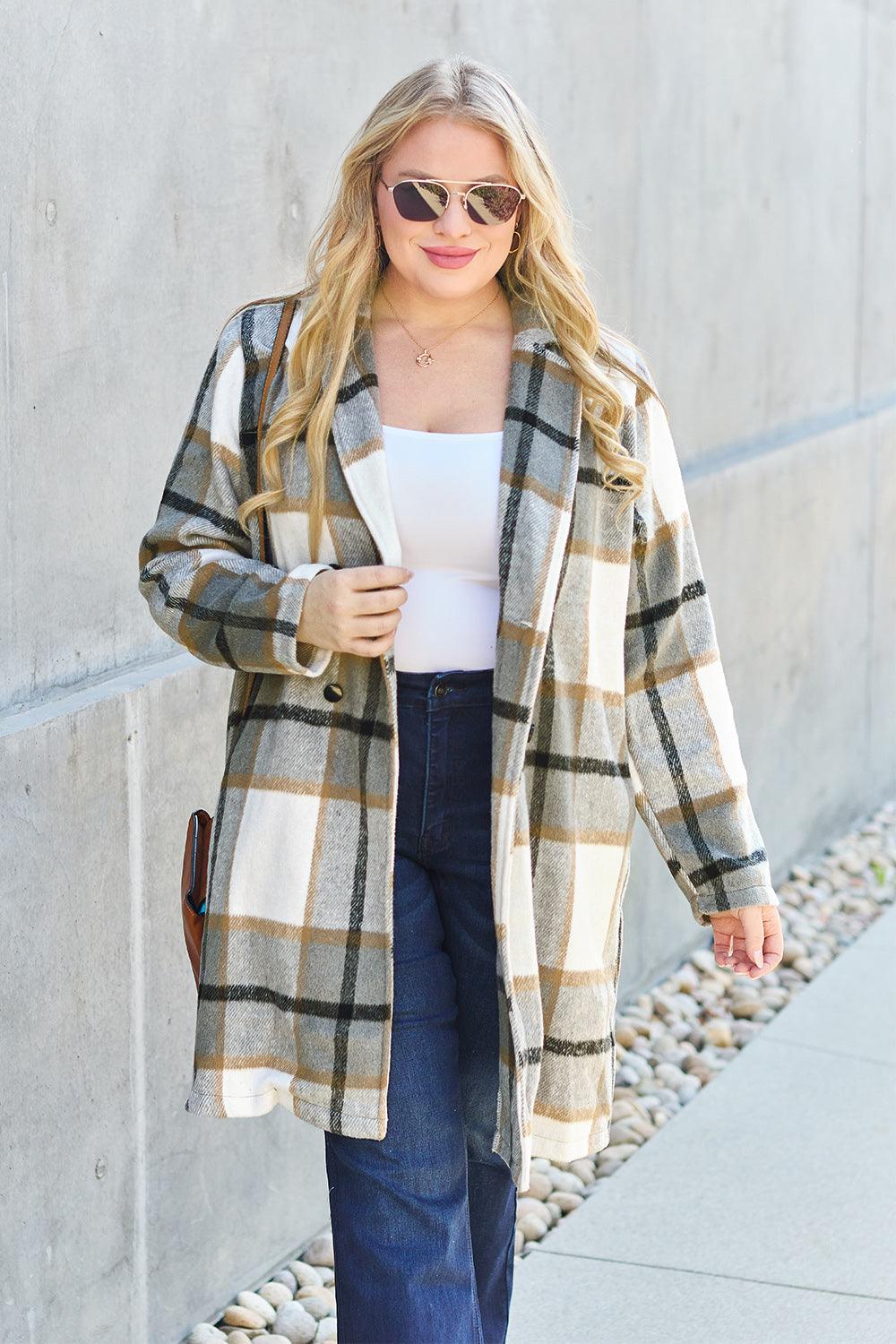 Double Take Full Size Plaid Button Up Lapel Collar Coat Carauana Store