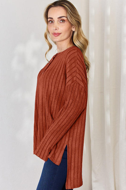Basic Bae Full Size Ribbed Half Button Long Sleeve High-Low T-Shirt Carauana Store