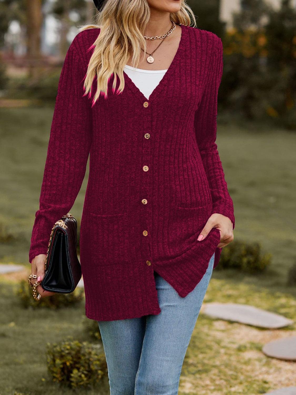 Ribbed Button Up Long Sleeve Cardigan Carauana Store