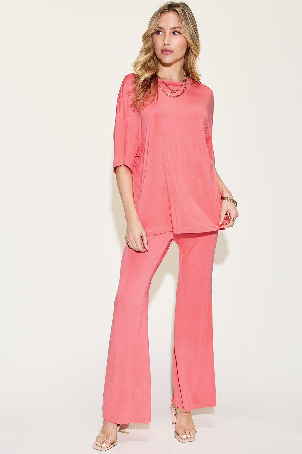 Basic Bae Full Size Bamboo Drop Shoulder T-Shirt and Flare Pants Set Carauana Store