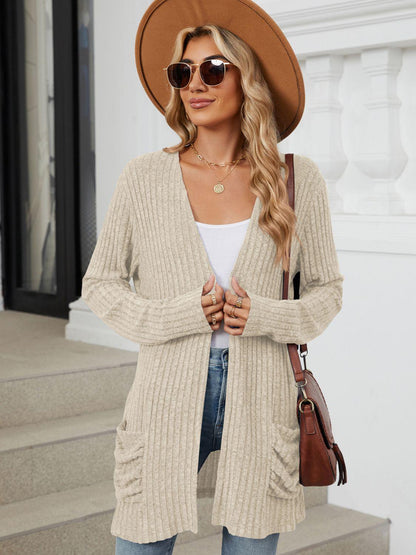 Pocketed Open Front Long Sleeve Cardigan Carauana Store