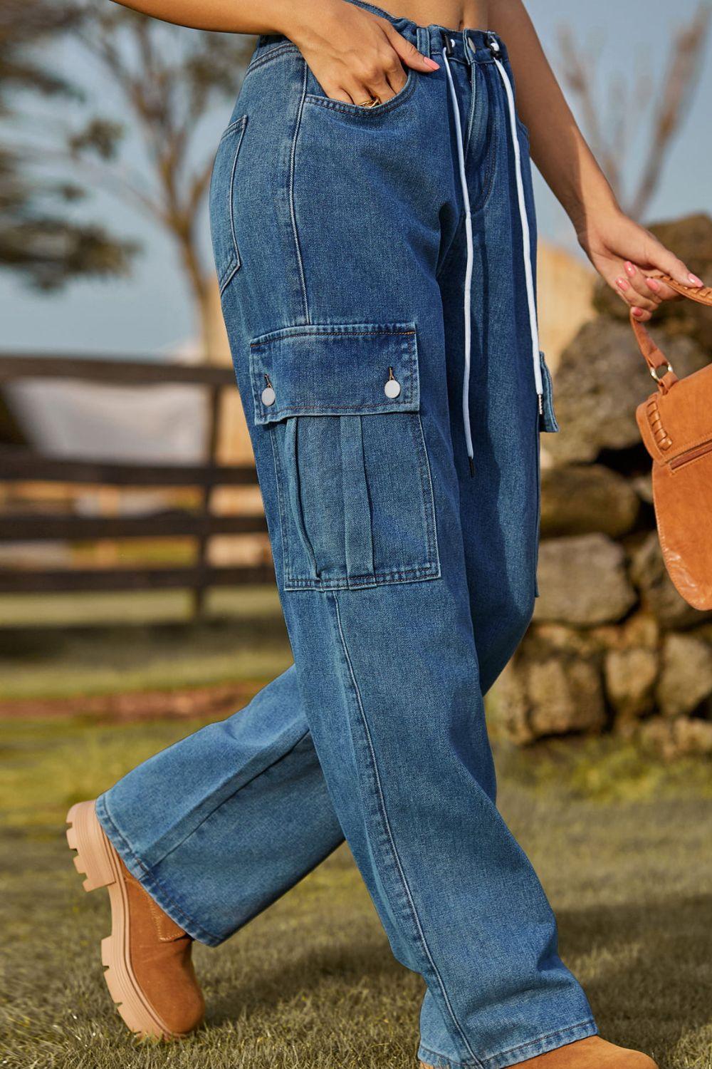 Loose Fit Drawstring Jeans with Pocket Carauana Store
