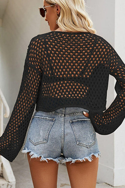 Openwork Round Neck Dropped Shoulder Knit Top Carauana Store