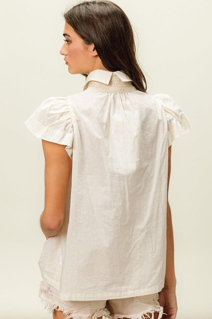BiBi Half Button Collared Neck Short Sleeve Top Carauana Store