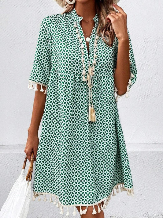 Tassel Printed Notched Half Sleeve Mini Dress Carauana Store
