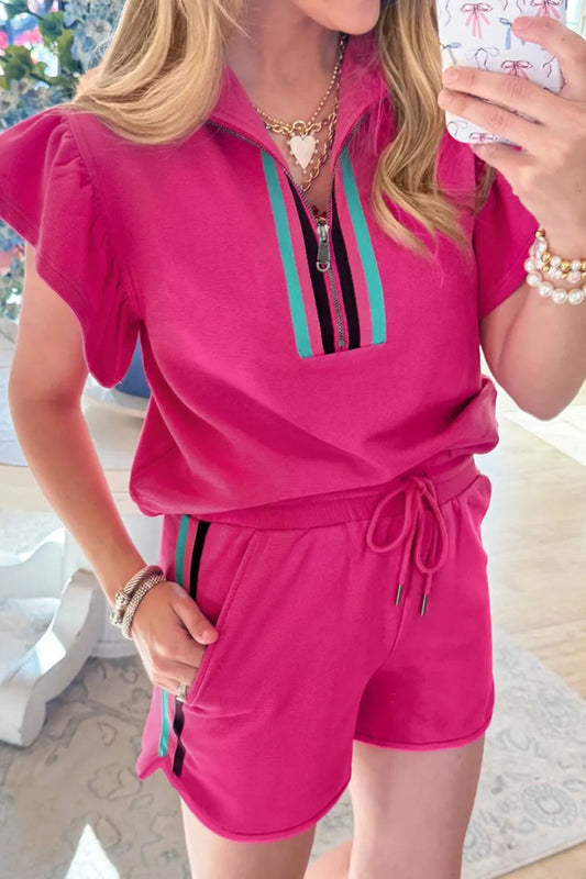 Striped Detail Flutter Sleeve Zipped Collar Top and Short Set Carauana Store