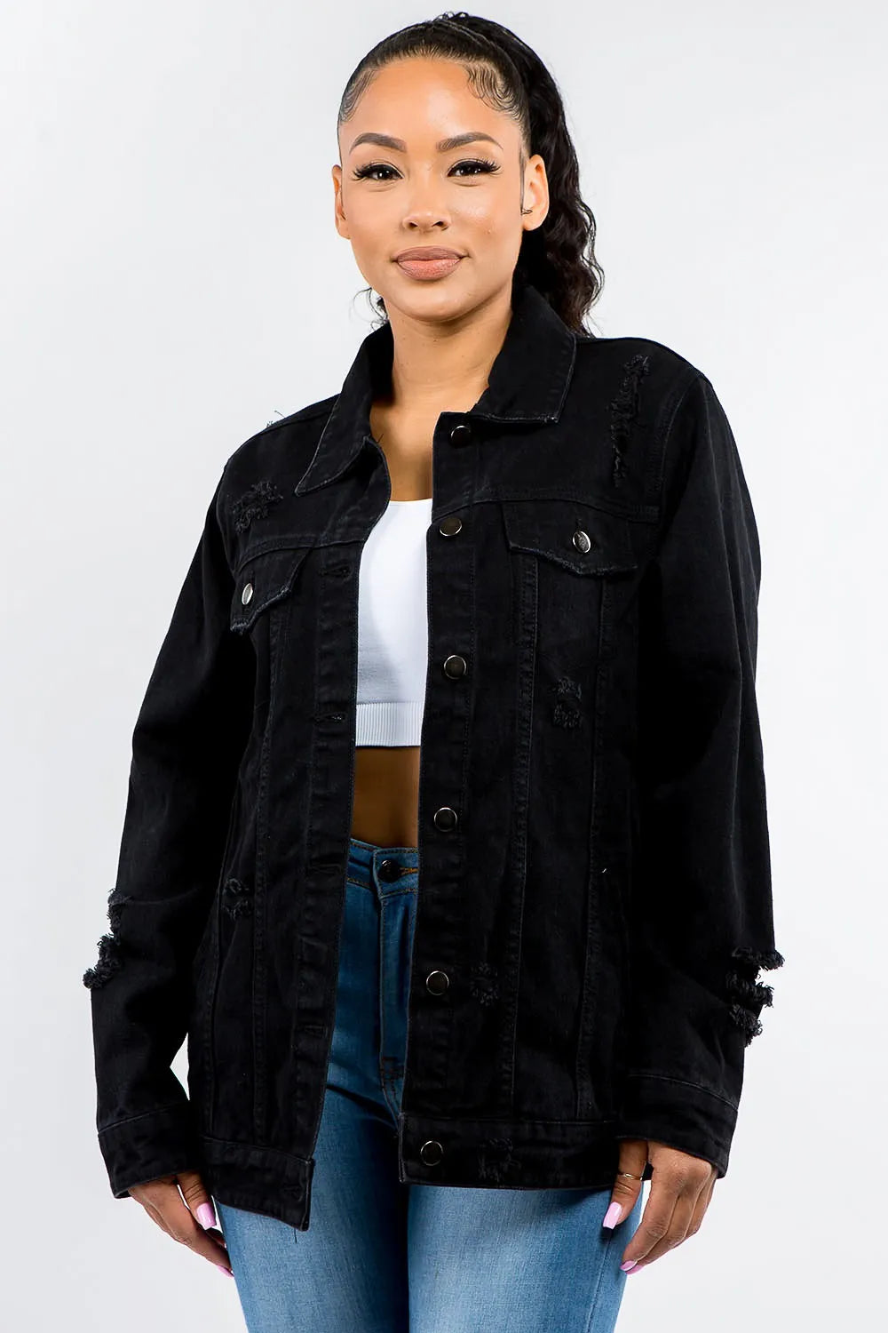 American Bazi Full Size Button Up Distressed Denim Jacket Carauana Store