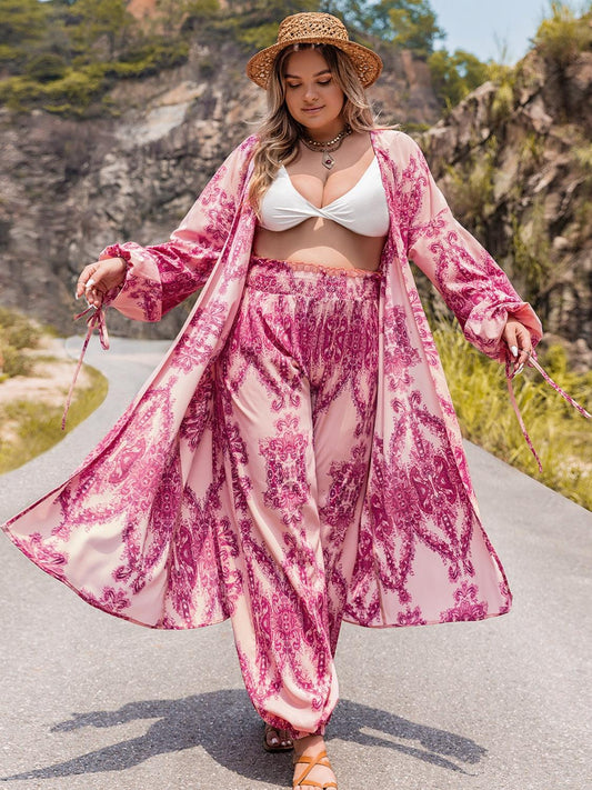 Plus Size Open Front Cardigan and Pants Set Carauana Store